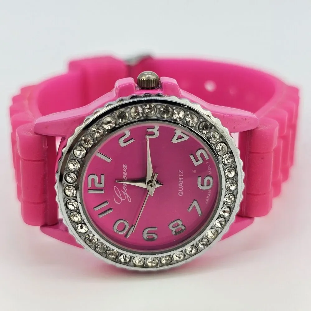 30MM Watch Women Crystal Accent Hot Pink Dial Hot Pink Plastic Bands New Battery